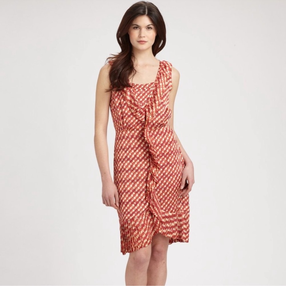 Tory Burch Red Janetta Circle Clip Dot Print Silk Ruffle Sleeveless Dress Size 2
